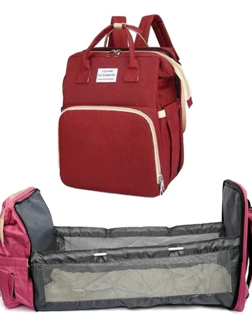 You Are My Sunshine Young Fashion Diaper Bag Backpack Burgundy Multi Pockets